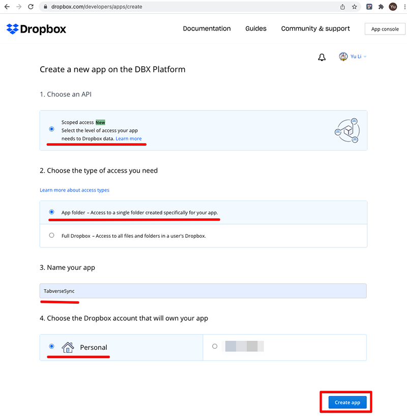 Dropbox access token flow step 2