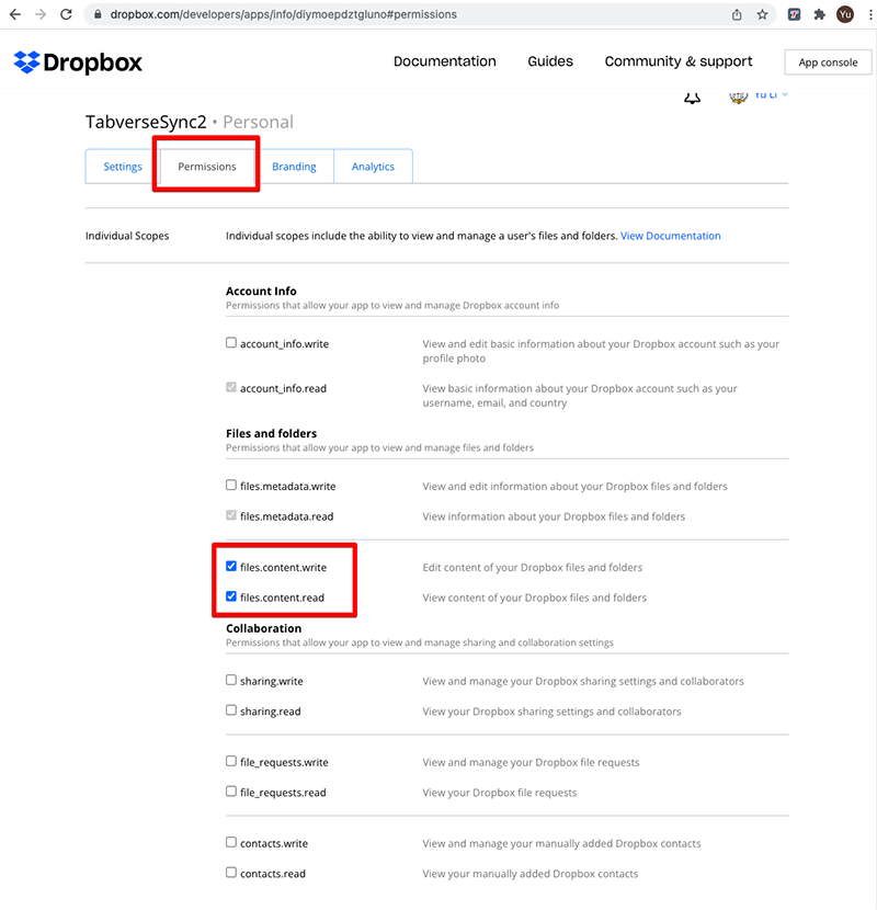 Dropbox access token flow step 3