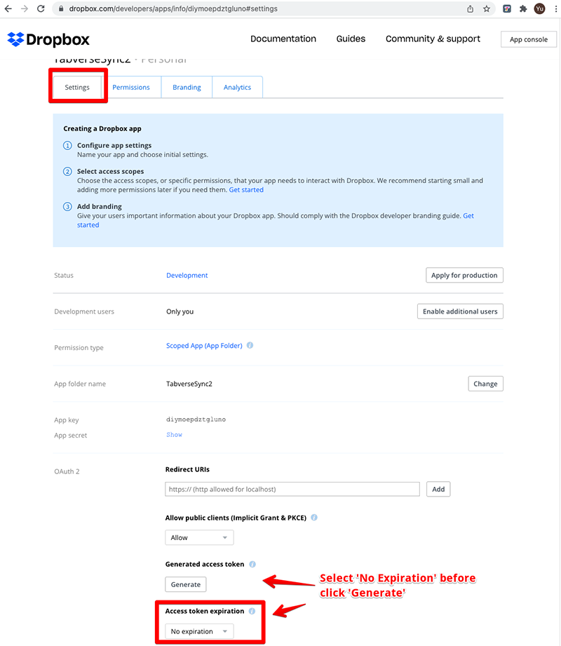 Dropbox access token flow step 4