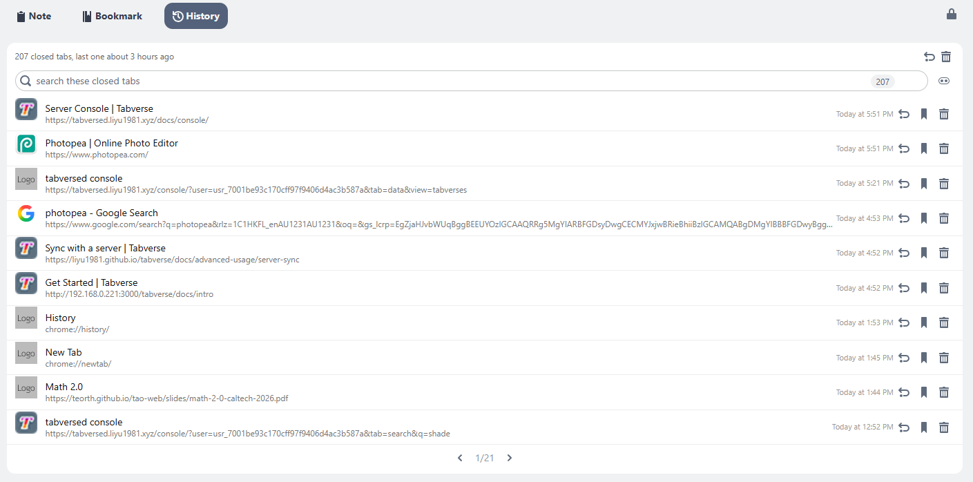 The History tool: closed tabs, the search box and the group switch
