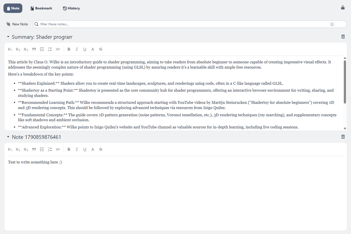 The Note tool: a note with its rich-text toolbar, and a second one below