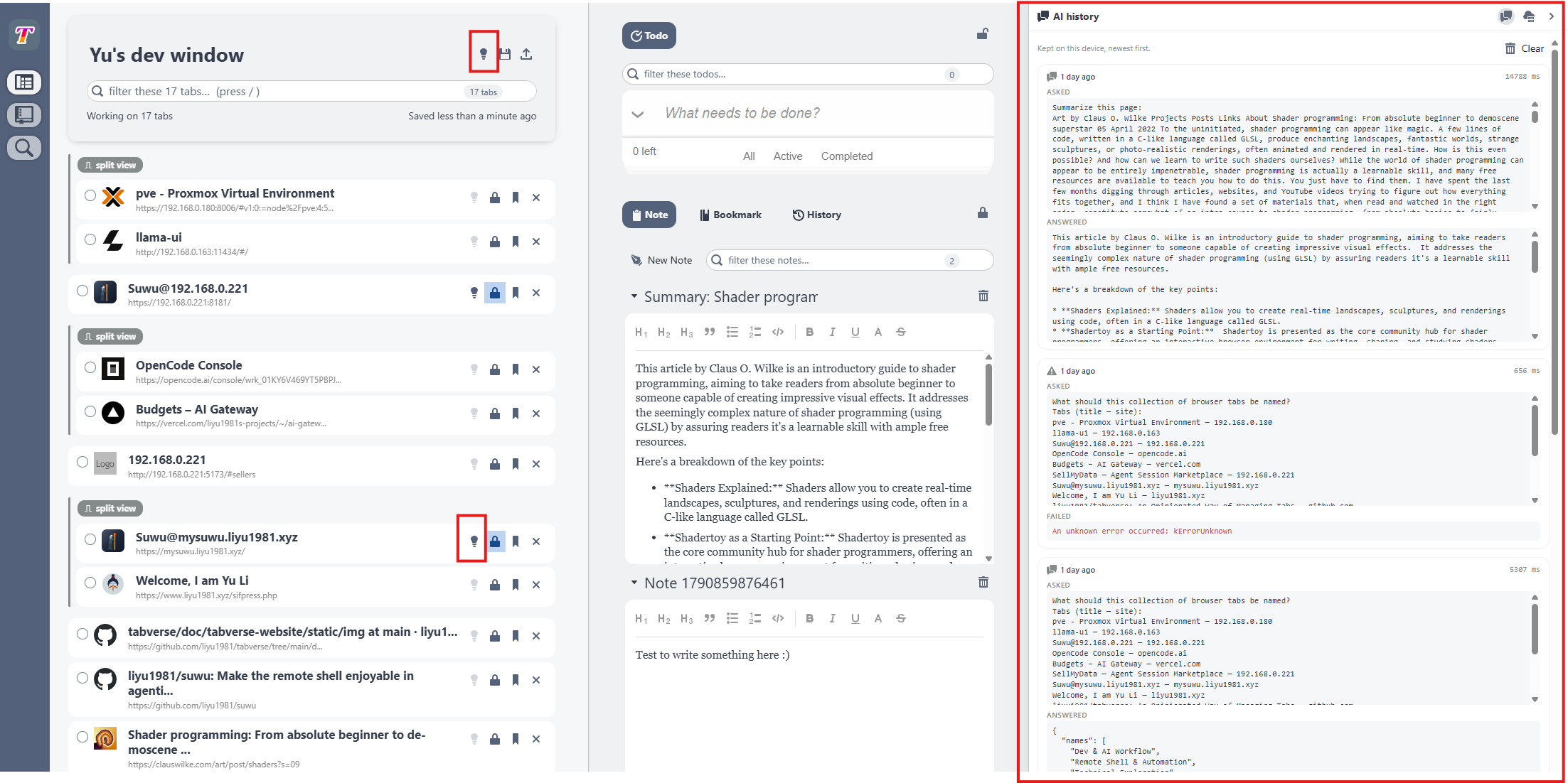 The AI controls in the manager: the tabverse name lightbulb, a live tab's page actions, and the tools column