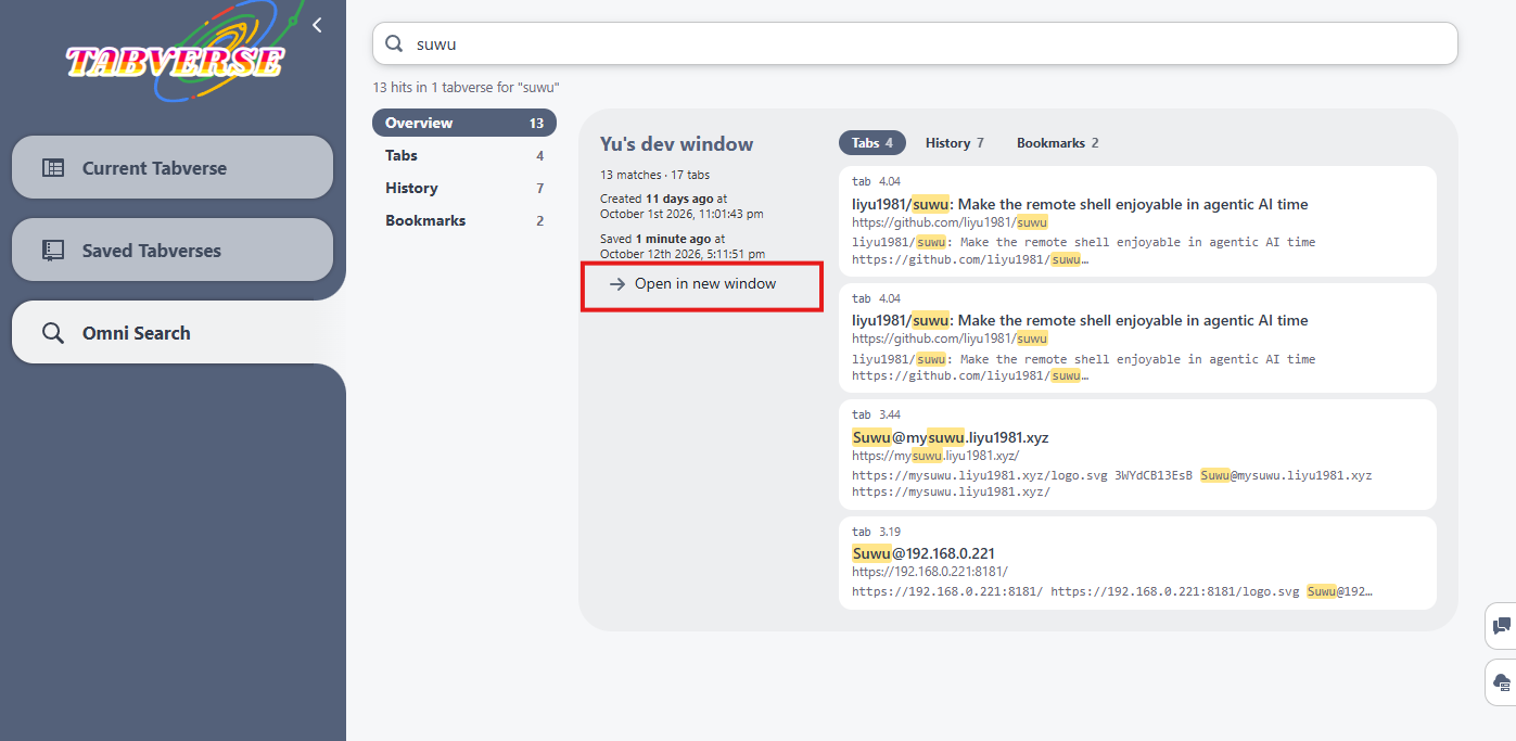 Omni search: a tabverse card with its matches and Open in new window