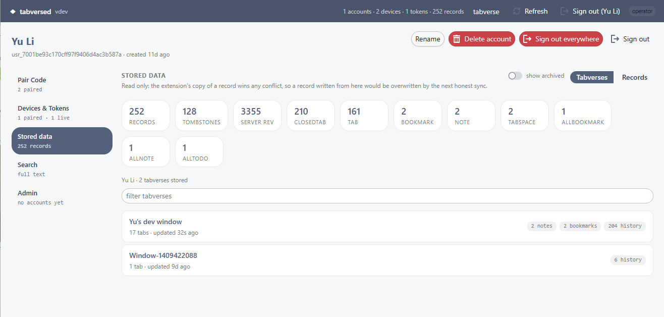 The server console: the account's stored data