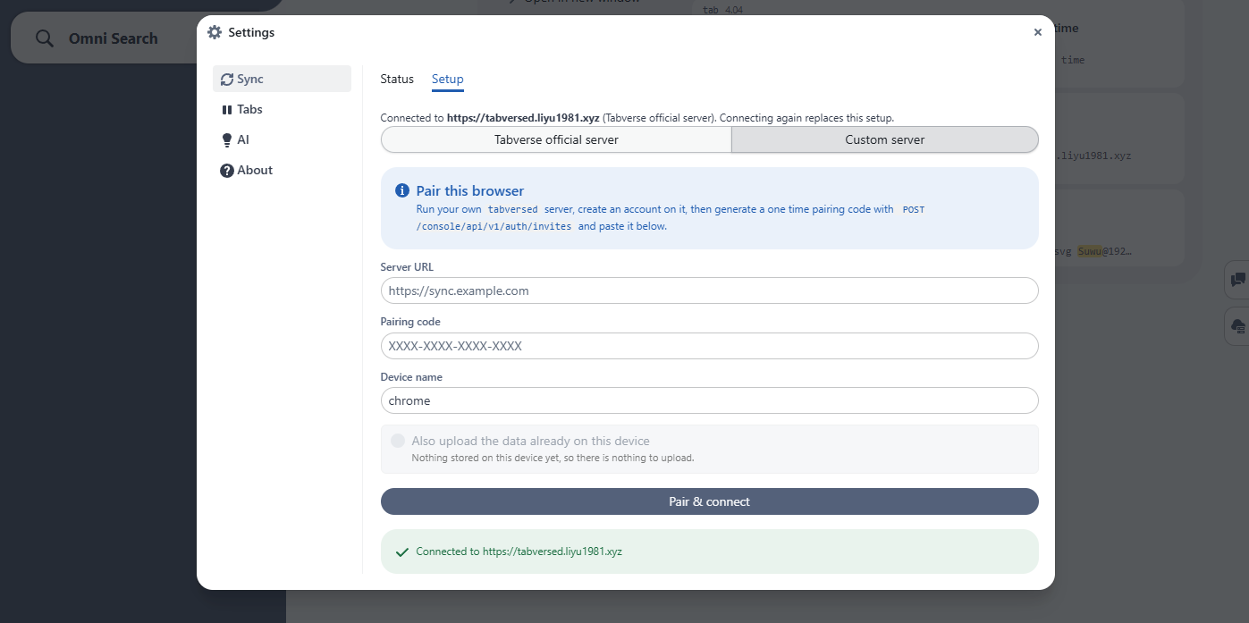 Settings ▸ Sync ▸ Setup: a custom server
