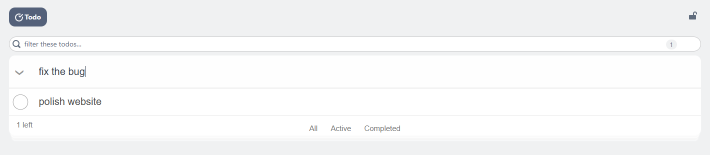 The Todo tool: a completed and an open todo, with the filter and the All/Active/Completed switch